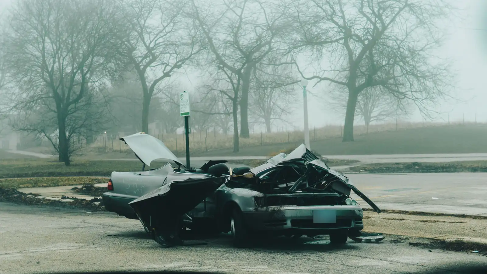 Severely damaged car on a foggy street