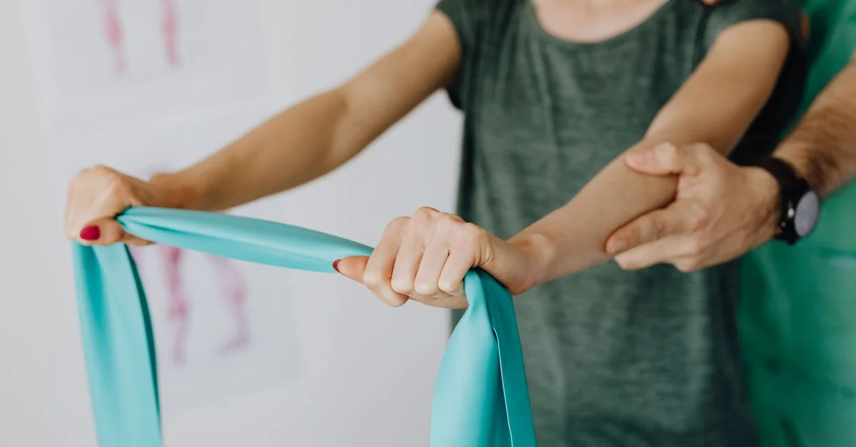 Person using a resistance band while another person supports their forearm